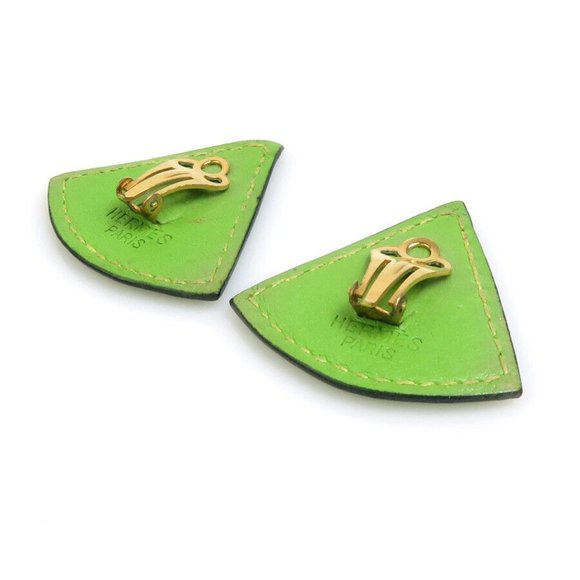Auth HERMES Triangle Clip on Earrings Green/Gold Leather/Metal - Picture 9 of 11